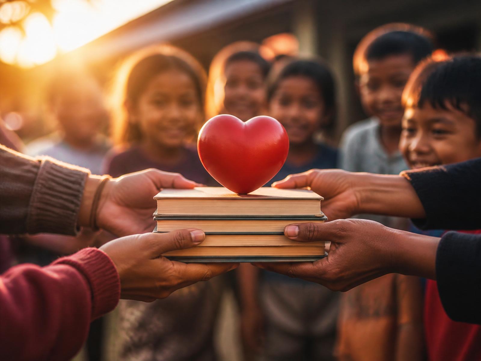 Volunteers handing books to schoolchildren supported by FCO donations