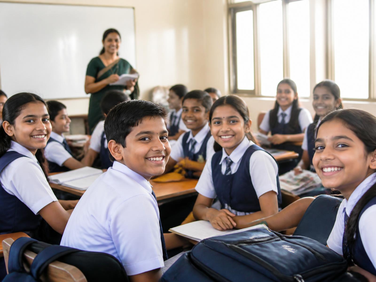 Smiling Indian school students in uniform with books and backpacks in a bright classroom, teacher in the background